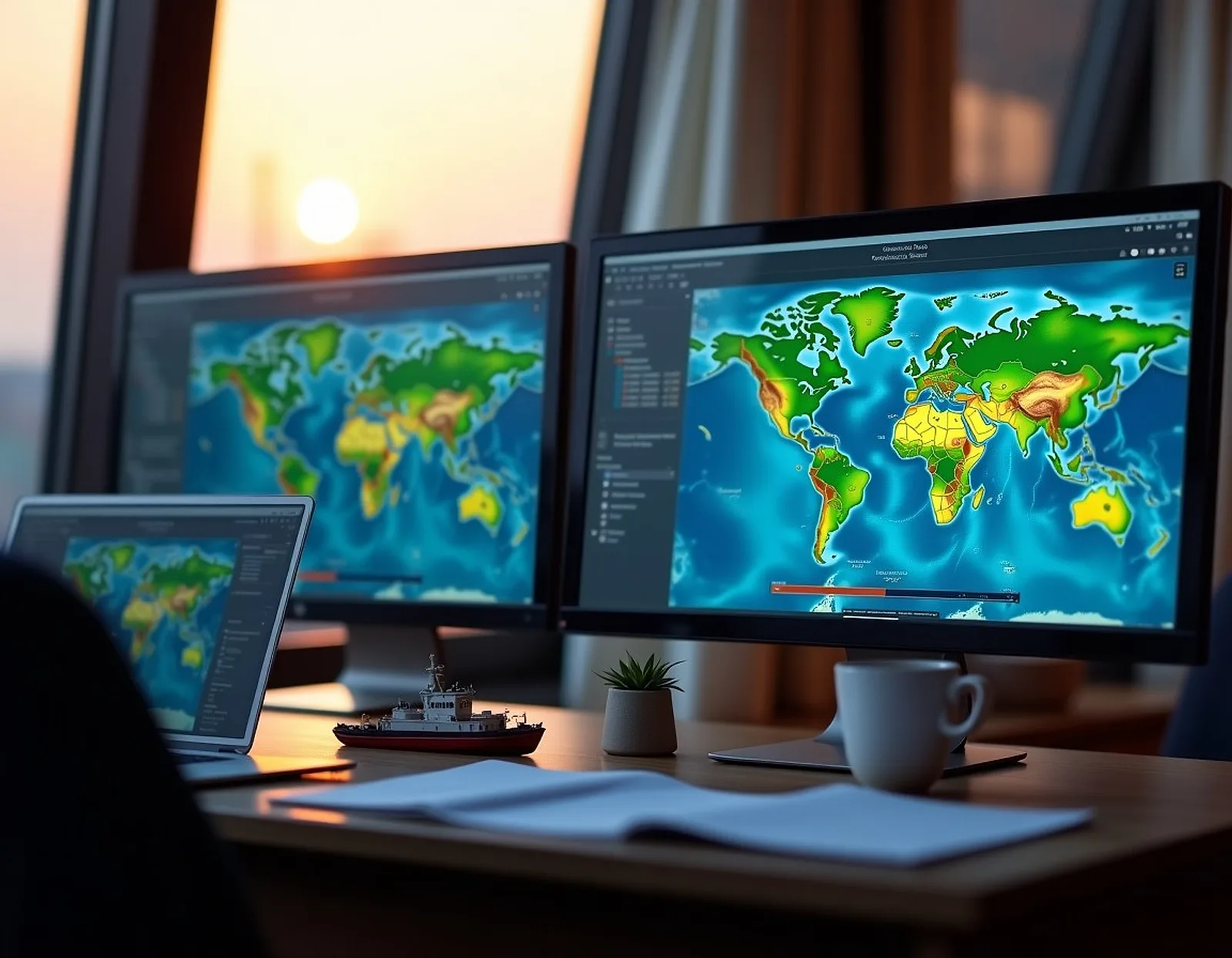 Shipbroker desk with monitors showing vessel positions, a laptop and a small ship model