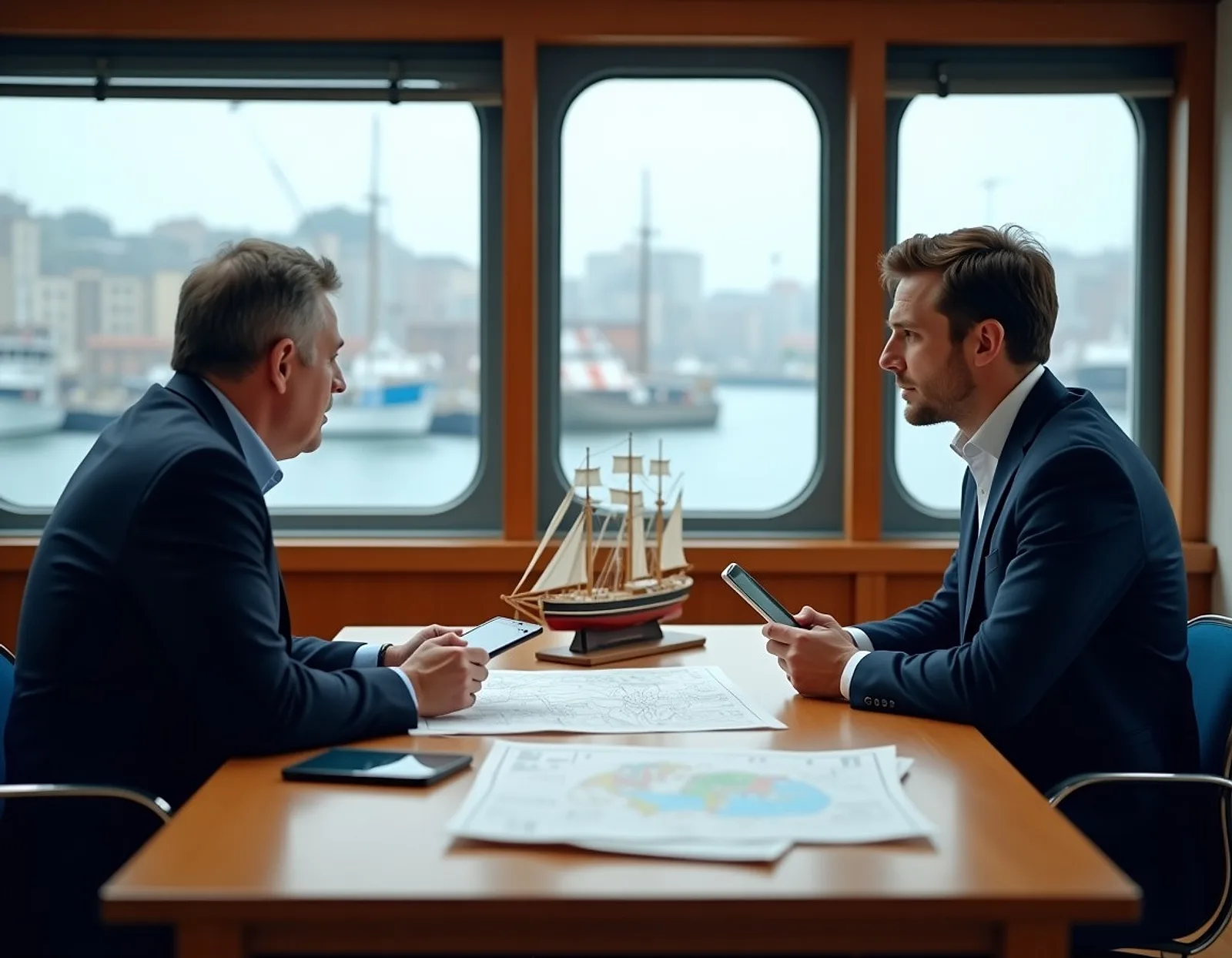 Two maritime consultants discussing nautical charts and a ship model at a wooden table