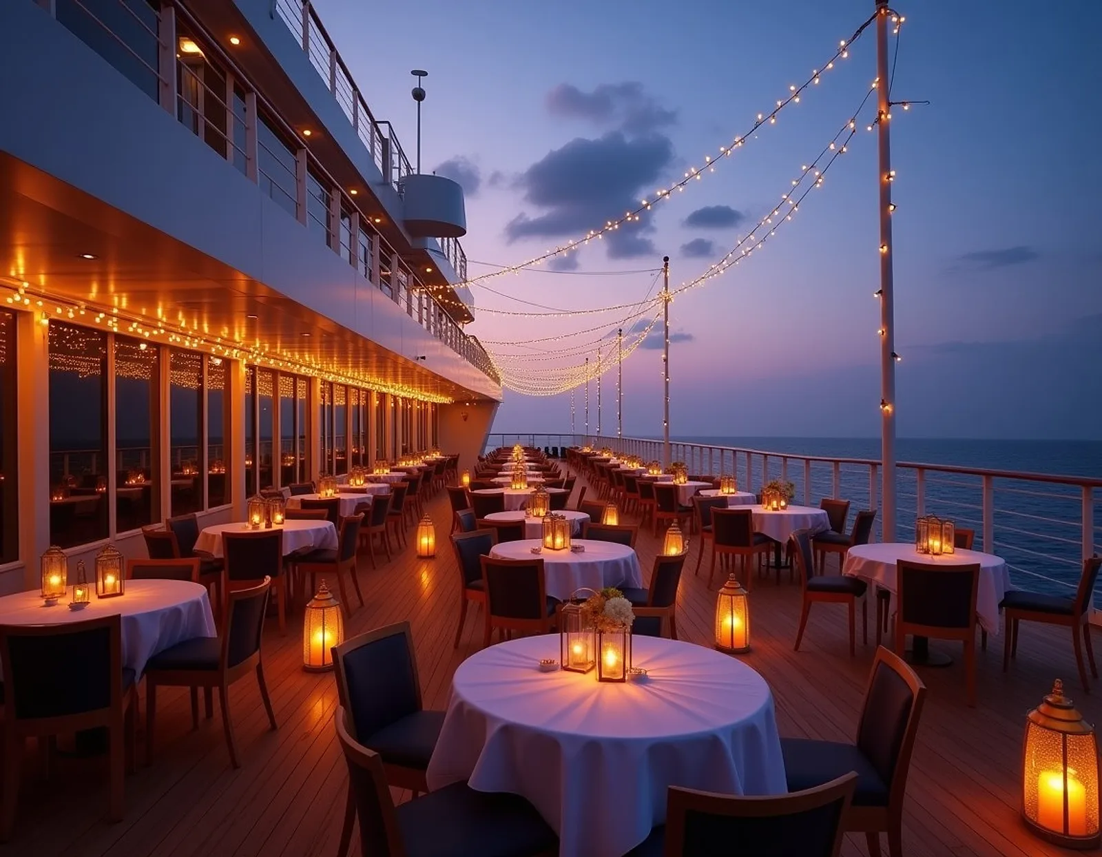 Glowing stage on the open deck of a cruise ship at night with silhouetted guests