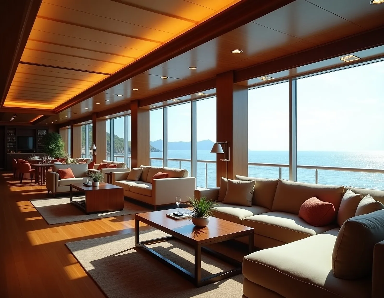 Luxurious cruise ship lounge with a panoramic sea view and elegant sofas
