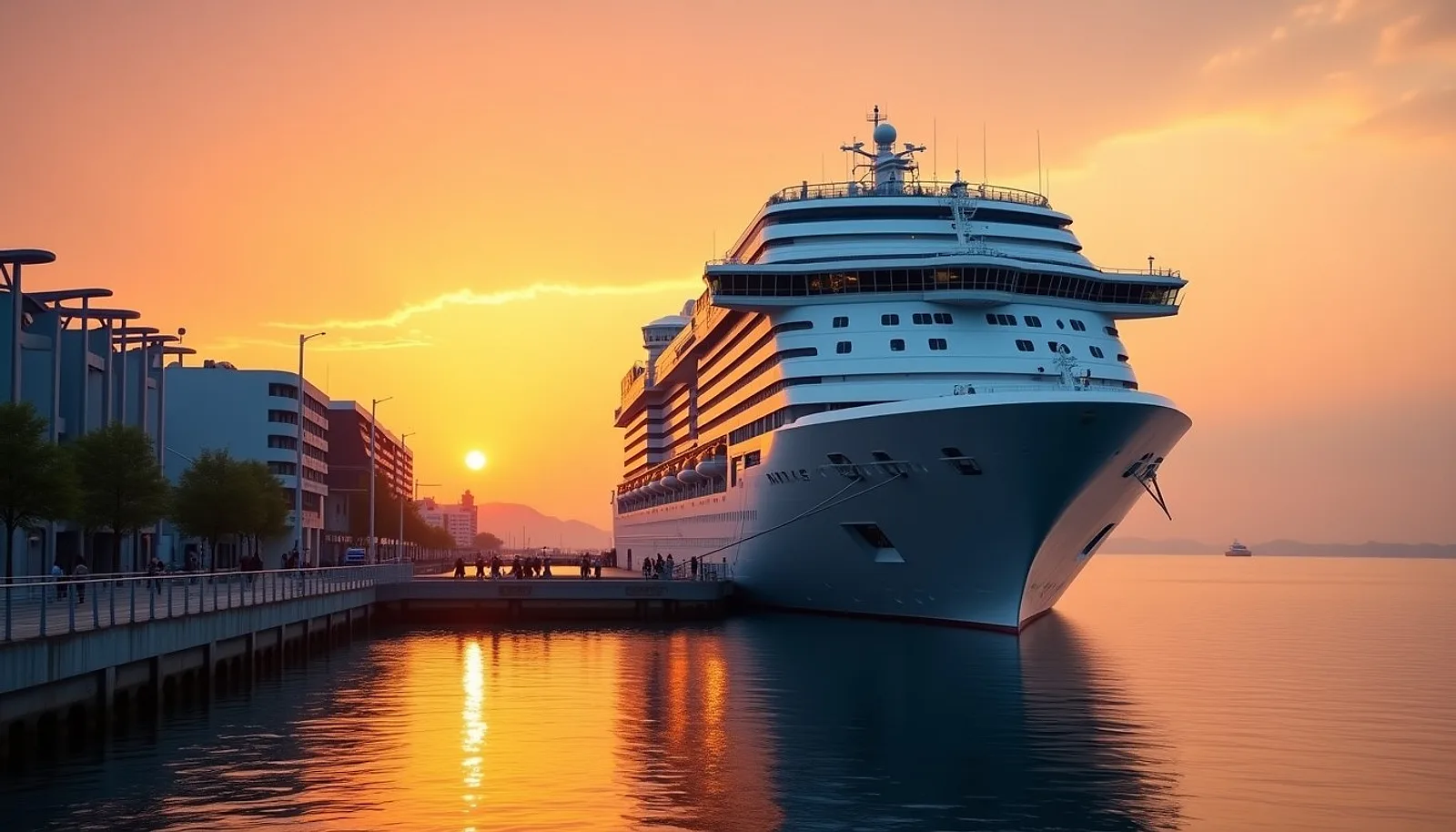Large white cruise ship docked at a terminal at sunset