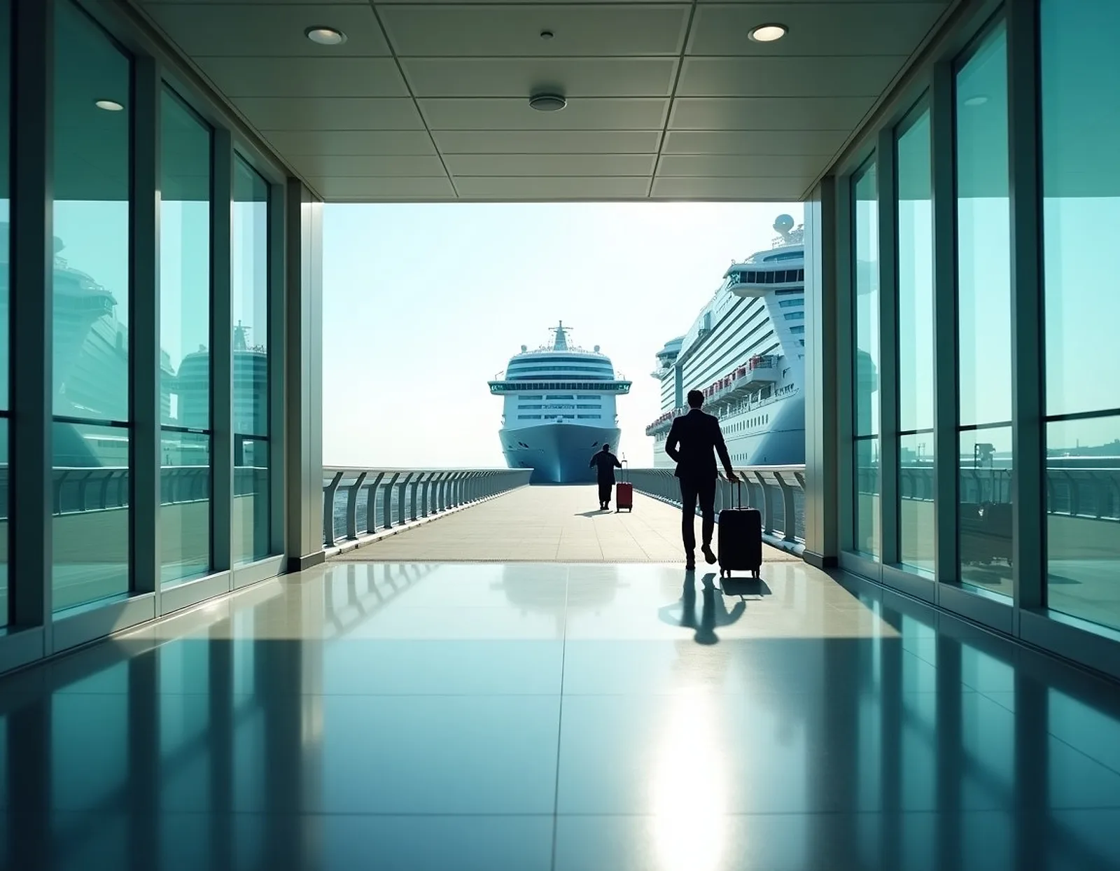 Modern cruise terminal with a glass boarding walkway leading to a docked cruise ship