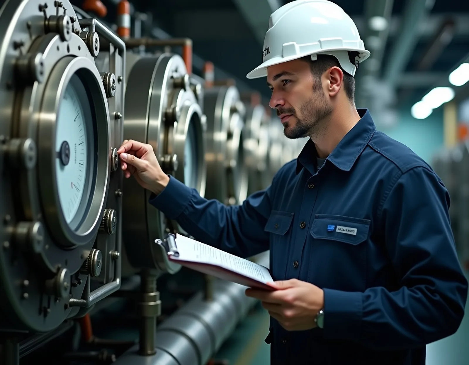 Inspector with a clipboard checking a gauge panel beside large machinery in a ship engine room