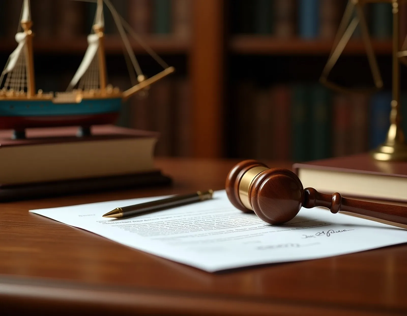 Maritime law desk with law books, a gavel, contract papers and a brass ship model
