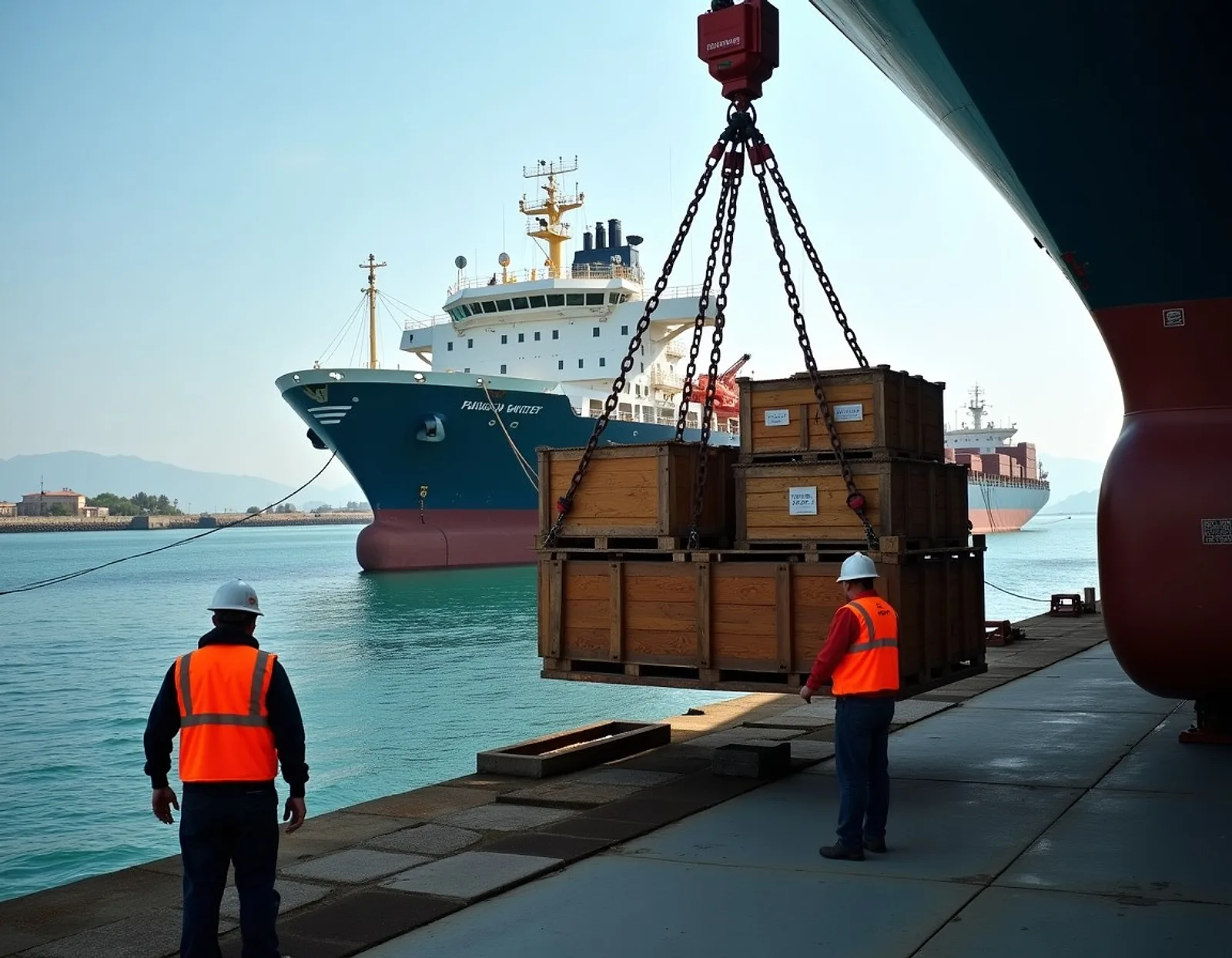 Crates of provisions and spare parts being lifted from a quay onto a ship deck