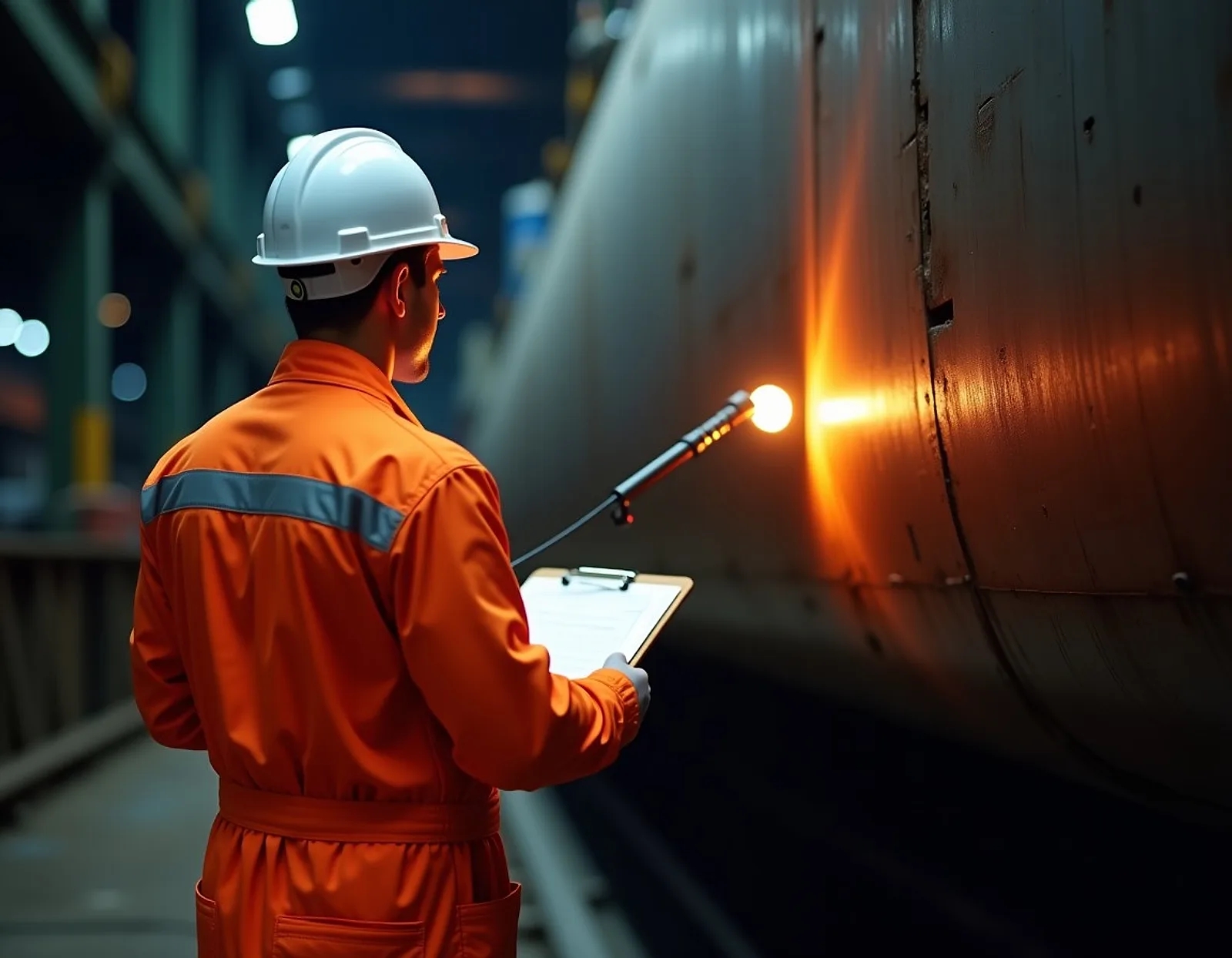Marine surveyor in a hard hat inspecting the steel hull of a ship in dry dock with a torch